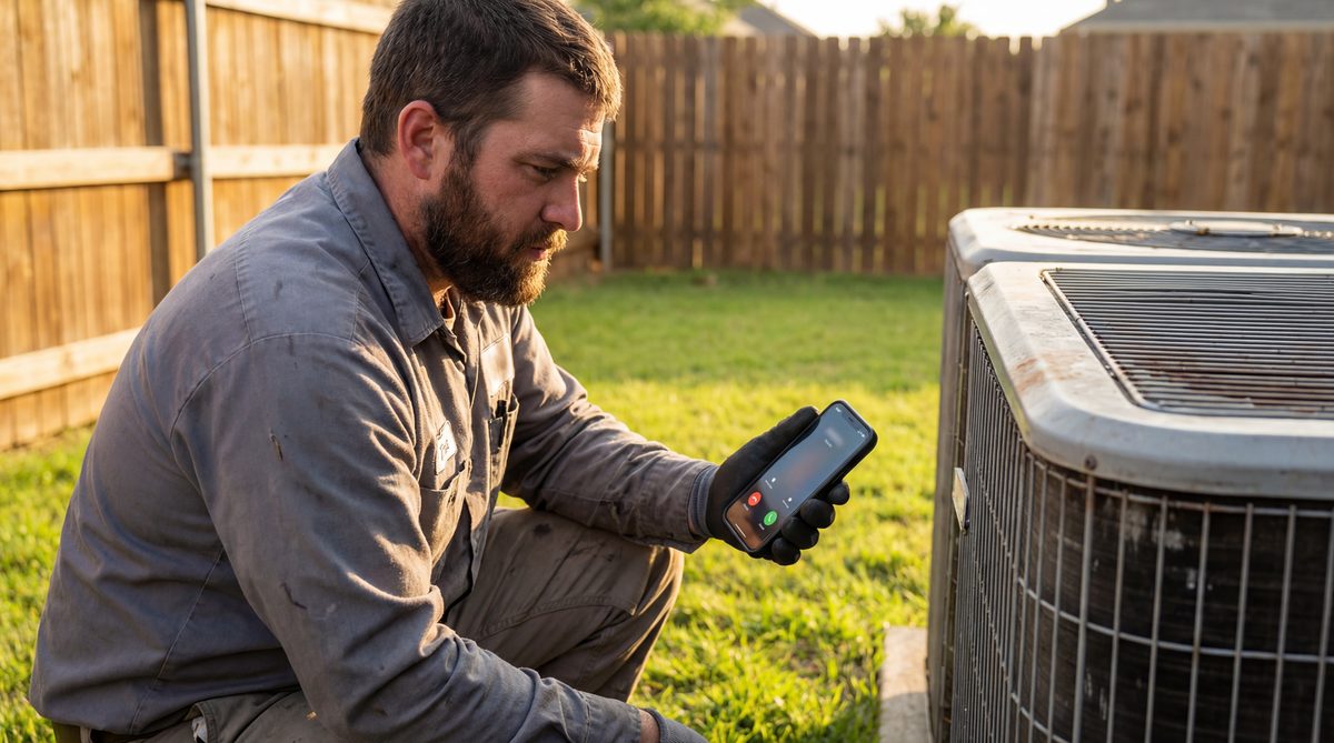 Small business owner looking at phone while working at a job site